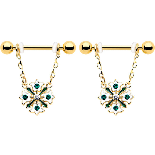 14G 9/16 Green Gem Gold Tone Flower Wreath Dangle Nipple Ring Set
