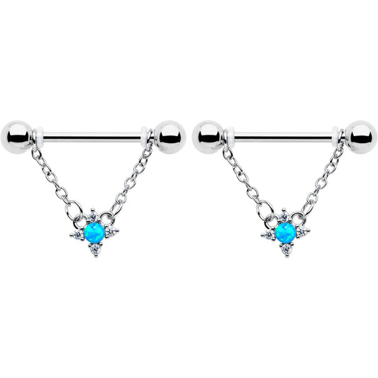 14G 9/16 Blue Synthetic Opal Rhombus Star Dangle Nipple Ring Set