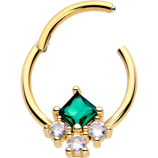 16G 3/8 Green CZ Gem Gold Tone Rhombus Riot Hinged Segment Ring