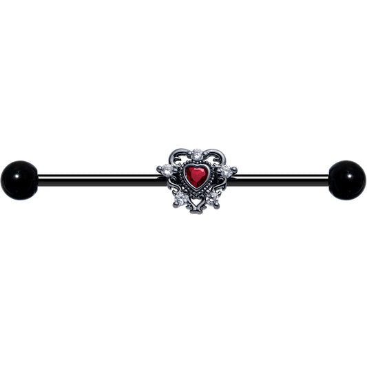 14G Red CZ Gem Black Double Heart Industrial Barbell 38mm