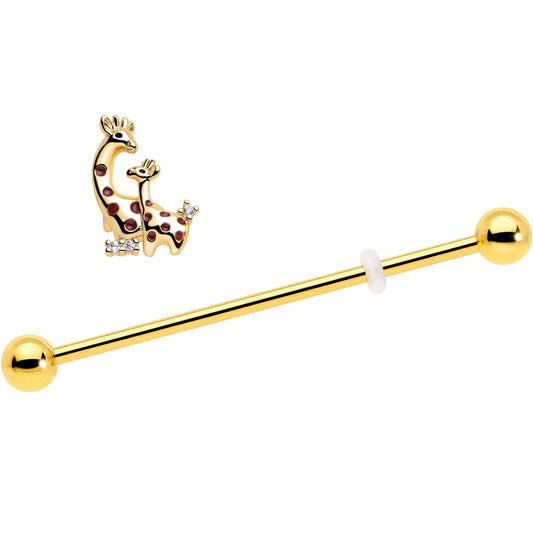 14G Clear CZ Gem Gold Tone Mom Baby Giraffe Industrial Barbell 38mm