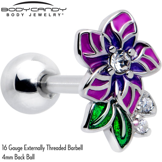 16G 1/4 Clear CZ Gem Flower Purple Cartilage Tragus Earring
