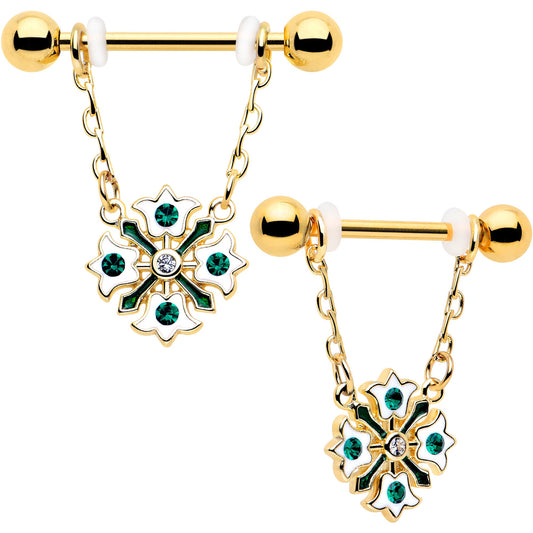 14G 9/16 Green Gem Gold Tone Flower Wreath Dangle Nipple Ring Set
