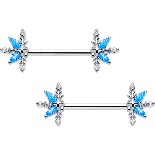 14G 9/16 Blue CZ Gem Classic Flower Barbell Nipple Ring Set