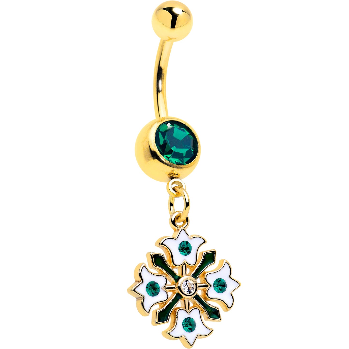 Green Gem Gold Tone Flower Wreath Dangle Belly Ring