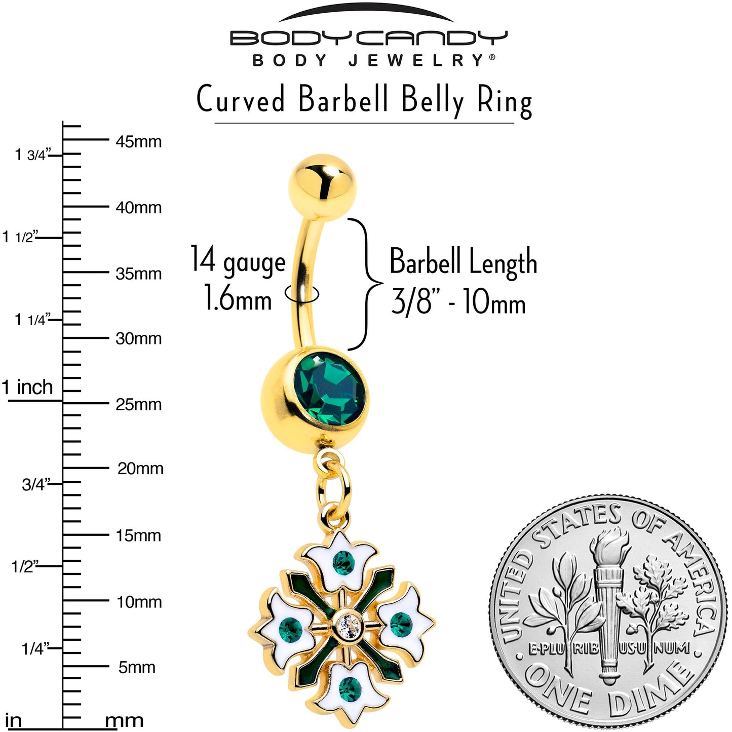 Green Gem Gold Tone Flower Wreath Dangle Belly Ring