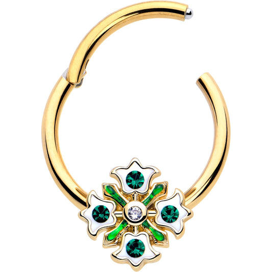 16G 3/8 Green Gem Gold Tone Flower Wreath Hinged Segment Ring