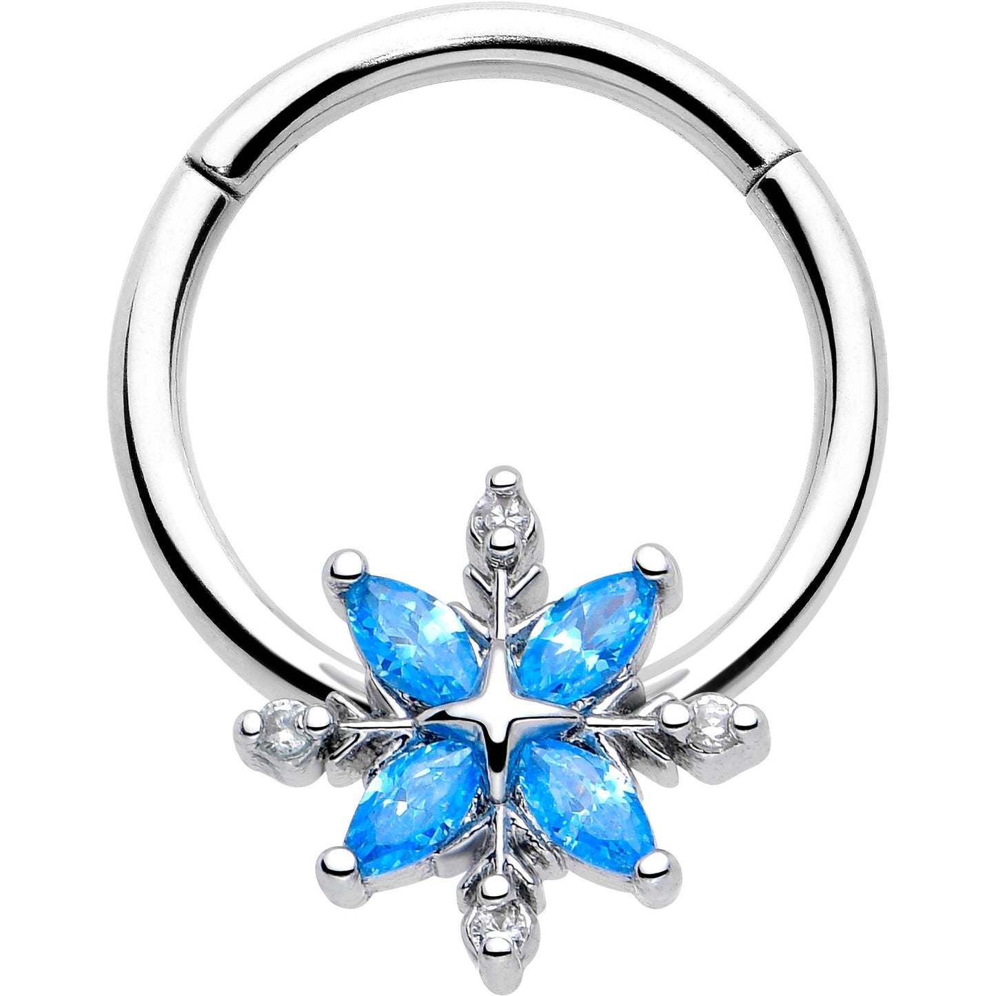 16G 3/8 Blue CZ Gem Classic Flower Hinged Segment Ring