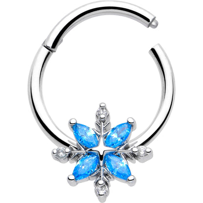 16G 3/8 Blue CZ Gem Classic Flower Hinged Segment Ring
