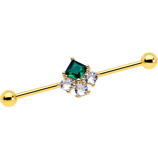 14G Green CZ Gem Gold Tone Rhombus Riot Industrial Barbell 38mm
