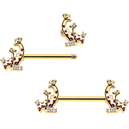 14G 9/16 Clear CZ Gem Gold Tone Mom Baby Giraffes Nipple Ring Set