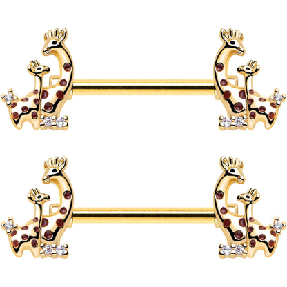 14G 9/16 Clear CZ Gem Gold Tone Mom Baby Giraffes Nipple Ring Set