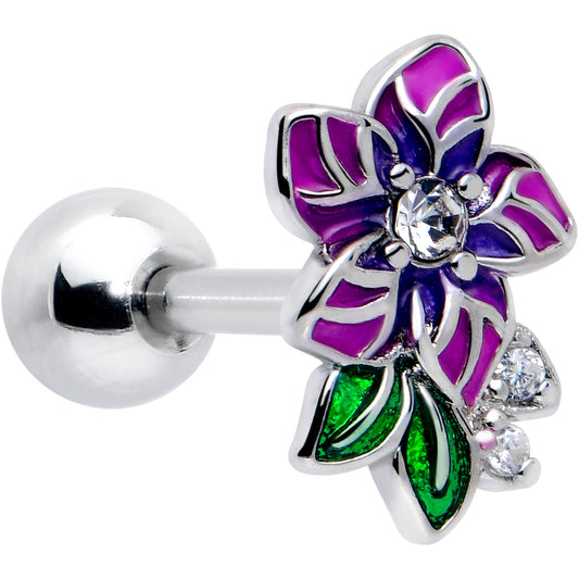 16G 1/4 Clear CZ Gem Flower Purple Cartilage Tragus Earring